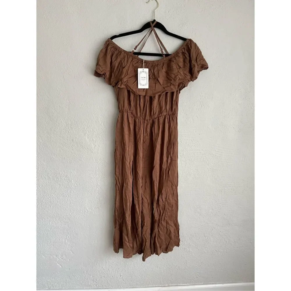 Coeur de Vague Woman Brown Ruffle Crop Off Shoulder Jumpsuit , Size Large